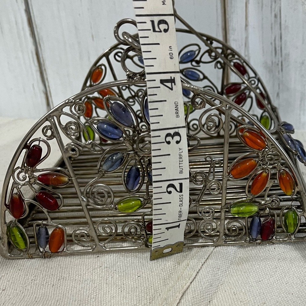 Vintage Glass Like Beaded Silver Napkin Holder with Beaded Handle - Picture 15 of 16